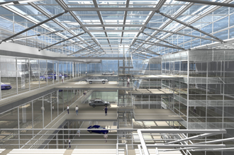 Interior view of a car park with glass roof and glass walls.